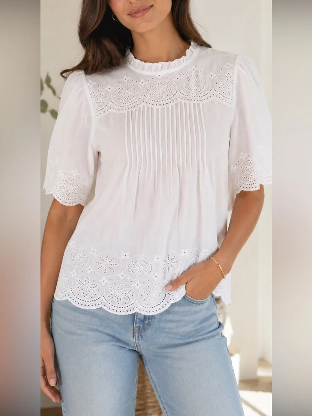 Madewell NWT White Eyelet Embroidered Pintuck Blouse Top Size S MSRP $110